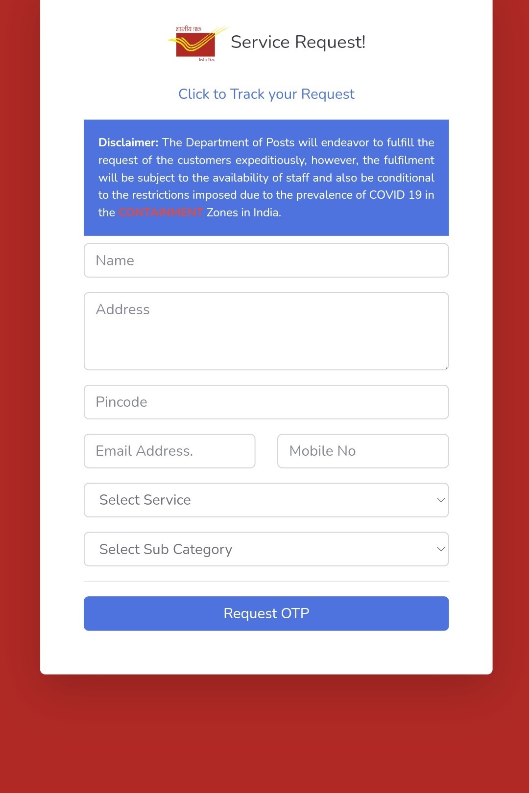 India post service request page web